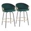 Emerald Green Velvet and Gold Metal Swivel Counter Stools, Set of 2