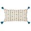 Beige and Blue Embroidered Lumbar Pillow with Tassels