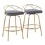 Charlotte 26" Gray Velvet and Gold Metal Swivel Counter Stools, Set of 2