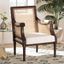 French Provincial Dark Brown Wood and Beige Fabric Accent Chair