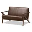 Walnut Wood Dark Brown Faux Leather Tufted Loveseat with Track Arms