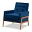 Navy Blue Velvet & Walnut Brown Wood Accent Chair