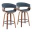 Set of 2 Blue Walnut Swivel Counter Stools with Black Metal Footrest