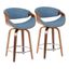 Curvini 20.5'' Walnut Wood and Blue Fabric Swivel Counter Stool - Set of 2