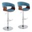 Set of 2 Blue Adjustable Swivel Bar Stools with Walnut Wood and Chrome Base