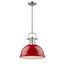 Transitional Pewter and Red Glass Pendant Light, 14 in