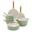 Sage Green 10-Piece Ceramic Nonstick Cookware Set with Gold Handles