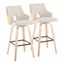 Set of 2 Cream and Natural Wood Swivel Barstools with Black Metal Footrest