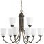 Antique Bronze 9-Light Two-Tier Chandelier with White Etched Glass Shades