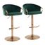 Set of 2 Green Velvet and Gold Adjustable Swivel Bar Stools