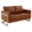 Cognac Tan Faux Leather Loveseat with Gold Metal Legs