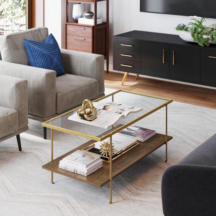 Asher MidCentury Gold & Oak 43.9" Coffee Table with Glass Shelf